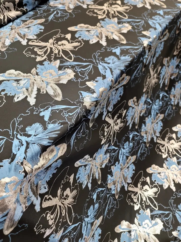 Silver Blue Floral Brocade Fabric Sold By The Yard Black Background For Dress