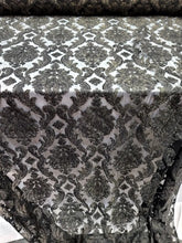 Load image into Gallery viewer, BLACK Gold Embroidery Lace Fabric Sold By The Yard Stretch Damask Pattern
