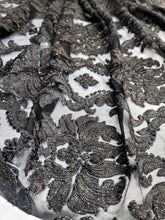 Load image into Gallery viewer, BLACK Gold Embroidery Lace Fabric Sold By The Yard Stretch Damask Pattern
