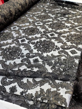 Load image into Gallery viewer, BLACK Gold Embroidery Lace Fabric Sold By The Yard Stretch Damask Pattern
