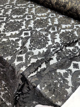 Load image into Gallery viewer, BLACK Gold Embroidery Lace Fabric Sold By The Yard Stretch Damask Pattern
