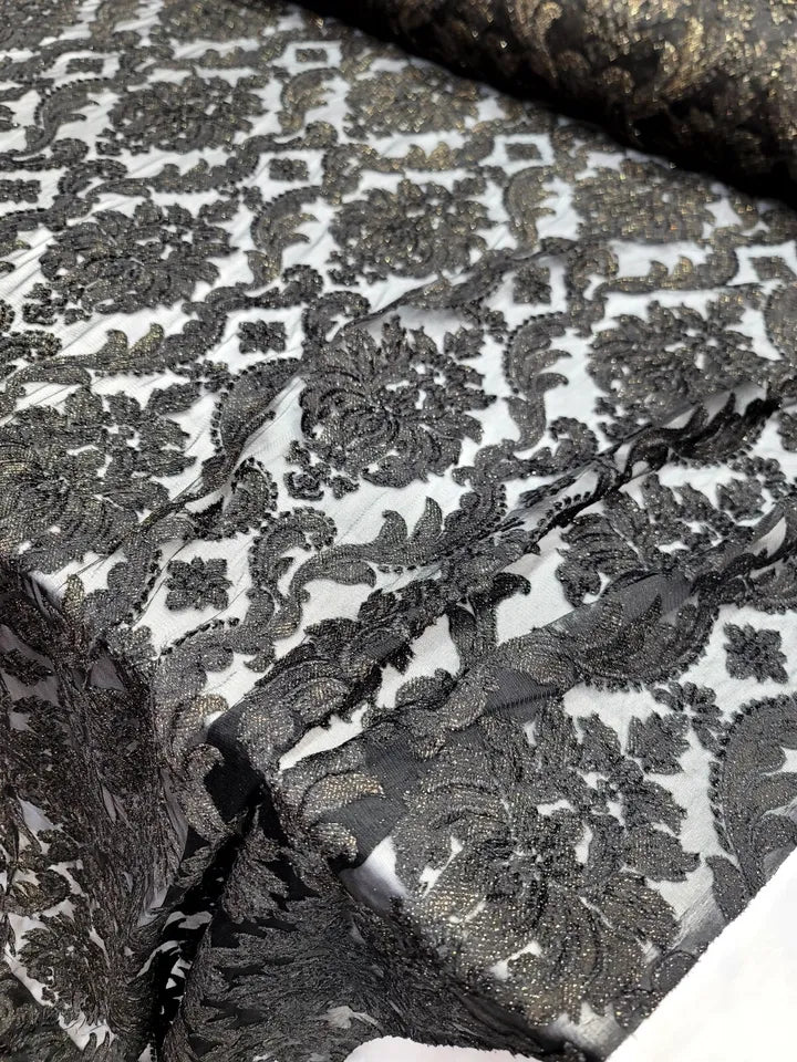 BLACK Gold Embroidery Lace Fabric Sold By The Yard Stretch Damask Pattern