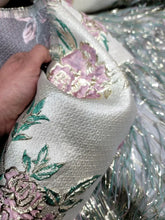 Load image into Gallery viewer, Sage Pink FLORAL Beige Brocade Fabric Sold By The Yard Fringes Shaggy
