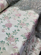 Load image into Gallery viewer, Sage Pink FLORAL Beige Brocade Fabric Sold By The Yard Fringes Shaggy
