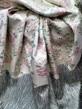 Load image into Gallery viewer, Sage Pink FLORAL Beige Brocade Fabric Sold By The Yard Fringes Shaggy
