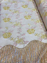 Load image into Gallery viewer, Yellow Brocade Jacquard Fabric By The Yard Floral Pink Brocade fringes
