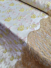 Load image into Gallery viewer, Yellow Brocade Jacquard Fabric By The Yard Floral Pink Brocade fringes
