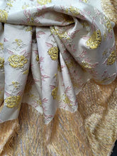 Load image into Gallery viewer, Yellow Brocade Jacquard Fabric By The Yard Floral Pink Brocade fringes
