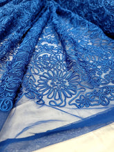 Load image into Gallery viewer, Heavy Bridal Lace Fabric Royal Blue Floral Embroidery Cord Fabric By The Yard
