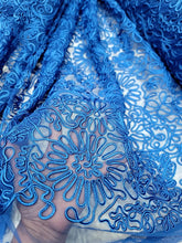 Load image into Gallery viewer, Heavy Bridal Lace Fabric Royal Blue Floral Embroidery Cord Fabric By The Yard
