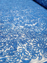 Load image into Gallery viewer, Heavy Bridal Lace Fabric Royal Blue Floral Embroidery Cord Fabric By The Yard
