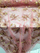 Load image into Gallery viewer, Beaded Lace 3d Embroidered Floral Bridal Coral Fabric By The Yard
