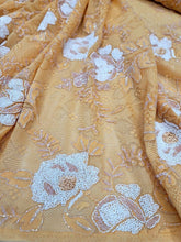 Load image into Gallery viewer, Orange Embroidery Beads Sequins Lace Fabric 57” Width Sold BTY
