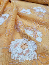 Load image into Gallery viewer, Orange Embroidery Beads Sequins Lace Fabric 57” Width Sold BTY
