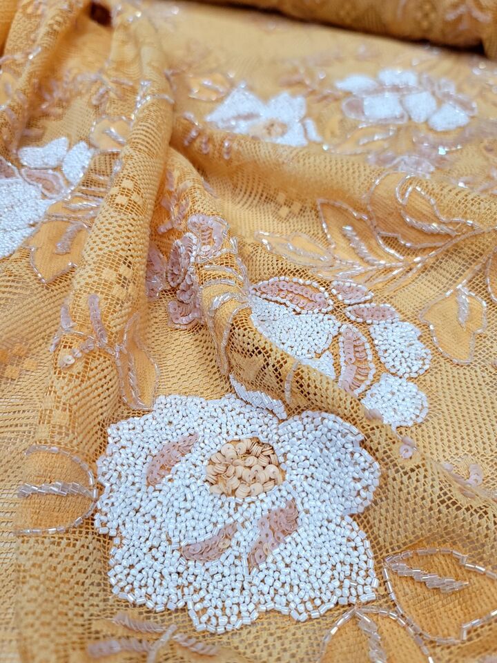 Orange Embroidery Beads Sequins Lace Fabric 57” Width Sold BTY