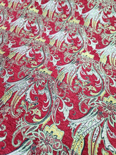 Load image into Gallery viewer, Red brocade yellow damask fabric sold by the yard chenille brocade for upholster
