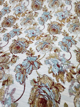 Load image into Gallery viewer, Fabric Sold By The Yard Chenille Brocade Floral Aqua Blue Brown Beige Upholstery
