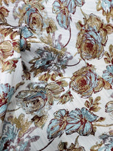 Load image into Gallery viewer, Fabric Sold By The Yard Chenille Brocade Floral Aqua Blue Brown Beige Upholstery
