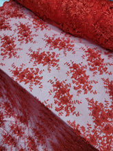 Load image into Gallery viewer, Red Beaded Lace 3d Floral Flowers Fabric by The Yard New Fashion Quinceañera
