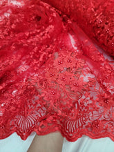 Load image into Gallery viewer, Red Beaded Lace 3d Floral Flowers Fabric by The Yard New Fashion Quinceañera
