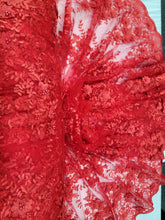 Load image into Gallery viewer, Red Beaded Lace 3d Floral Flowers Fabric by The Yard New Fashion Quinceañera
