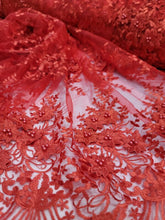 Load image into Gallery viewer, Red Beaded Lace 3d Floral Flowers Fabric by The Yard New Fashion Quinceañera
