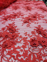 Load image into Gallery viewer, Red Beaded Lace 3d Floral Flowers Fabric by The Yard New Fashion Quinceañera
