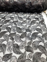 Load image into Gallery viewer, Black Lace Fabric Sold By The Yard Corded Embroidery With Sequins On a Mesh
