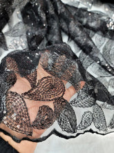 Load image into Gallery viewer, Black Lace Fabric Sold By The Yard Corded Embroidery With Sequins On a Mesh
