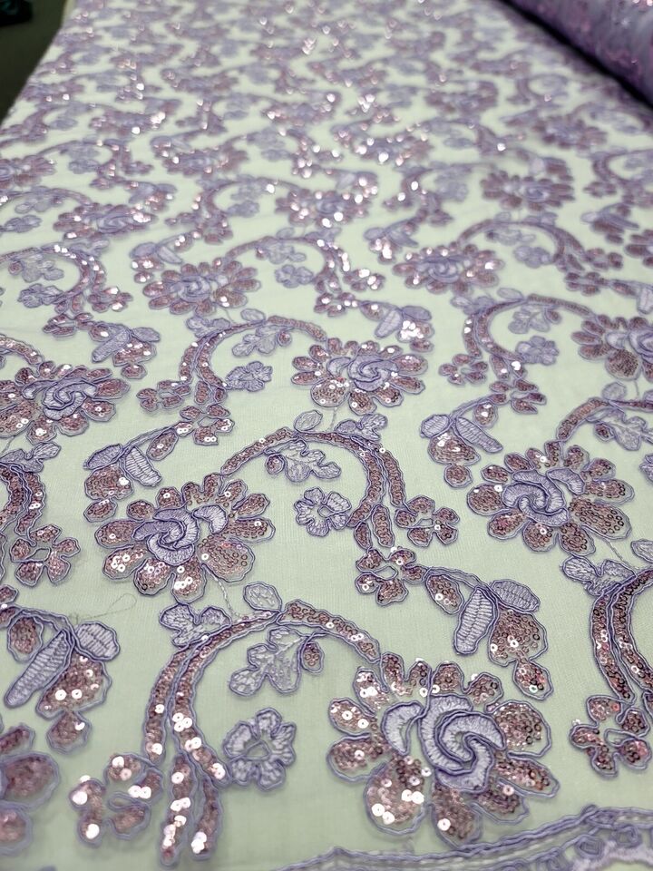 Lavender Lace Floral Flowers Sequins Embroidered Fabric Sold By Yard Prom Dress