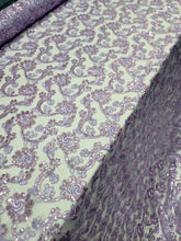 Load image into Gallery viewer, Lavender Lace Floral Flowers Sequins Embroidered Fabric Sold By Yard Prom Dress
