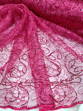 Load image into Gallery viewer, Fuchsia Spider Web Embroidery Lace Sequin Prom Fabric Sold by the Yard Quinceañe
