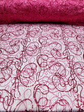 Load image into Gallery viewer, Fuchsia Spider Web Embroidery Lace Sequin Prom Fabric Sold by the Yard Quinceañe
