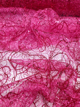 Load image into Gallery viewer, Fuchsia Spider Web Embroidery Lace Sequin Prom Fabric Sold by the Yard Quinceañe
