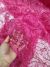 Load image into Gallery viewer, Fuchsia Spider Web Embroidery Lace Sequin Prom Fabric Sold by the Yard Quinceañe
