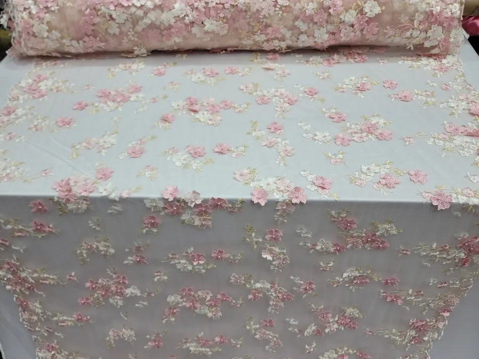 Fabric By The Yard Pink Lace Embroidery 3d Embroidery Floral Flowers On Mesh