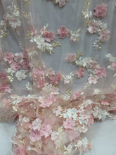 Load image into Gallery viewer, Fabric By The Yard Pink Lace Embroidery 3d Embroidery Floral Flowers On Mesh
