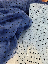 Load image into Gallery viewer, Black Velvet Polka-dot On SKY BLUE Tulle Mesh Fabric Sold By The Yard For Dress
