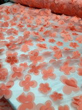 Load image into Gallery viewer, Coral 3d Floral Butterflies On Mesh Fabric Sold By The Yard For Dress Prom Brida
