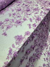 Load image into Gallery viewer, 3d Lace Lavender Embroidery Pearls 3d Floral Fabric By The Yard Prom BRIDAL DRES
