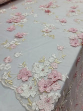 Load image into Gallery viewer, Fabric By The Yard Pink Lace Embroidery 3d Embroidery Floral Flowers On Mesh
