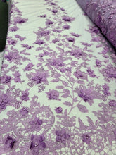 Load image into Gallery viewer, 3d Lace Lavender Embroidery Pearls 3d Floral Fabric By The Yard Prom BRIDAL DRES
