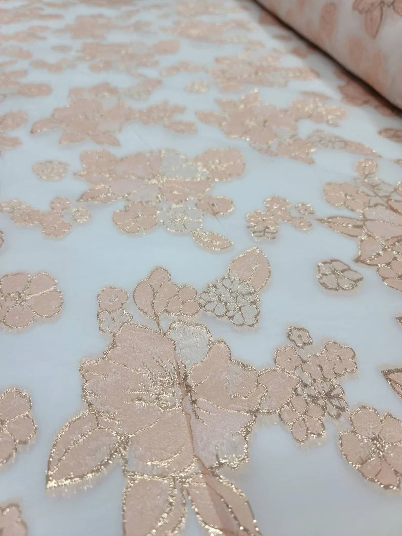 Fabric Sold By The Yard Blush Floral Brocade On Ehite French Organza Bridal Evening Dress Quinceañera Gown Prom Fashion Jacquard Light Weigh