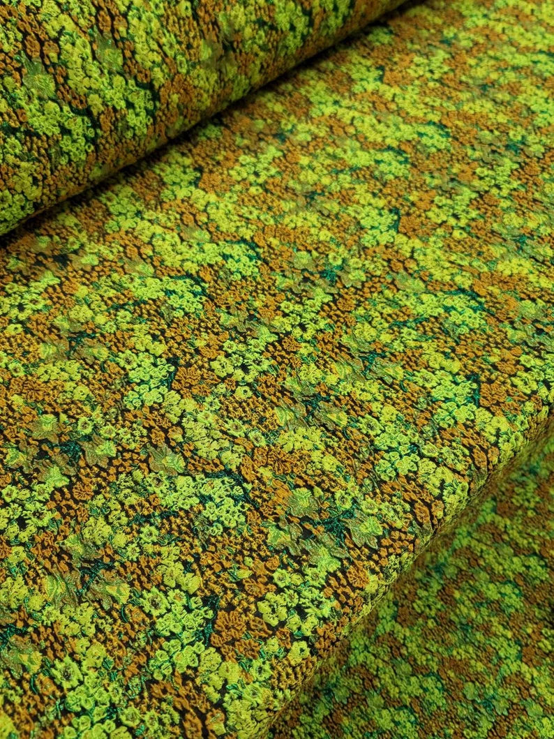 Fabric Sold By The Yard Brocade Jacquard Textured Floral Flowers Green Orange