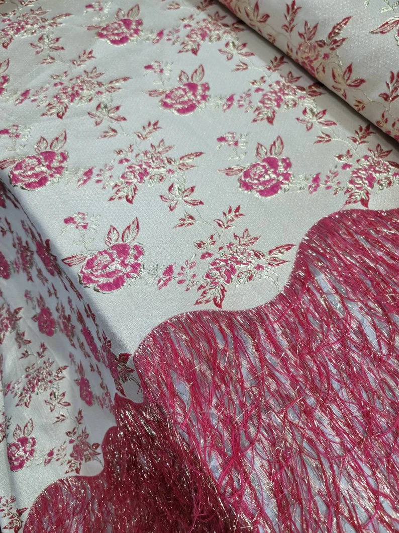 Fabric Sold By The Yard Fuchsia Gold Brocade Jacquard Floral Flowers Metallic Gold Fringes Shaggy