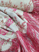 Load image into Gallery viewer, Fabric Sold By The Yard Fuchsia Gold Brocade Jacquard Floral Flowers Metallic Gold Fringes Shaggy
