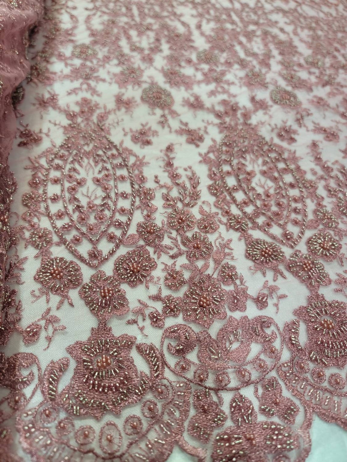 Rose Gold Beaded Lace Fabric By The Yard Floral Flowers Embroidery Seq –  Diva Style Textiles