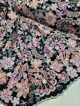 Load image into Gallery viewer, Fabric Sold By The Yard Black Lace Embroidery Pink Iridescent Floral Flowers Sequin Stretch Velvet Fashion New Fabric Dress Draping Clothing
