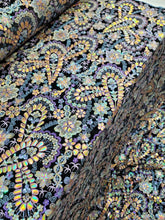 Load image into Gallery viewer, Fabric Sold By The Yard Gold Lace Iridescent Sequin Multicolor Lavender Floral Flowers Embroidery On Black Velvet Fashion Dress Prom Gown
