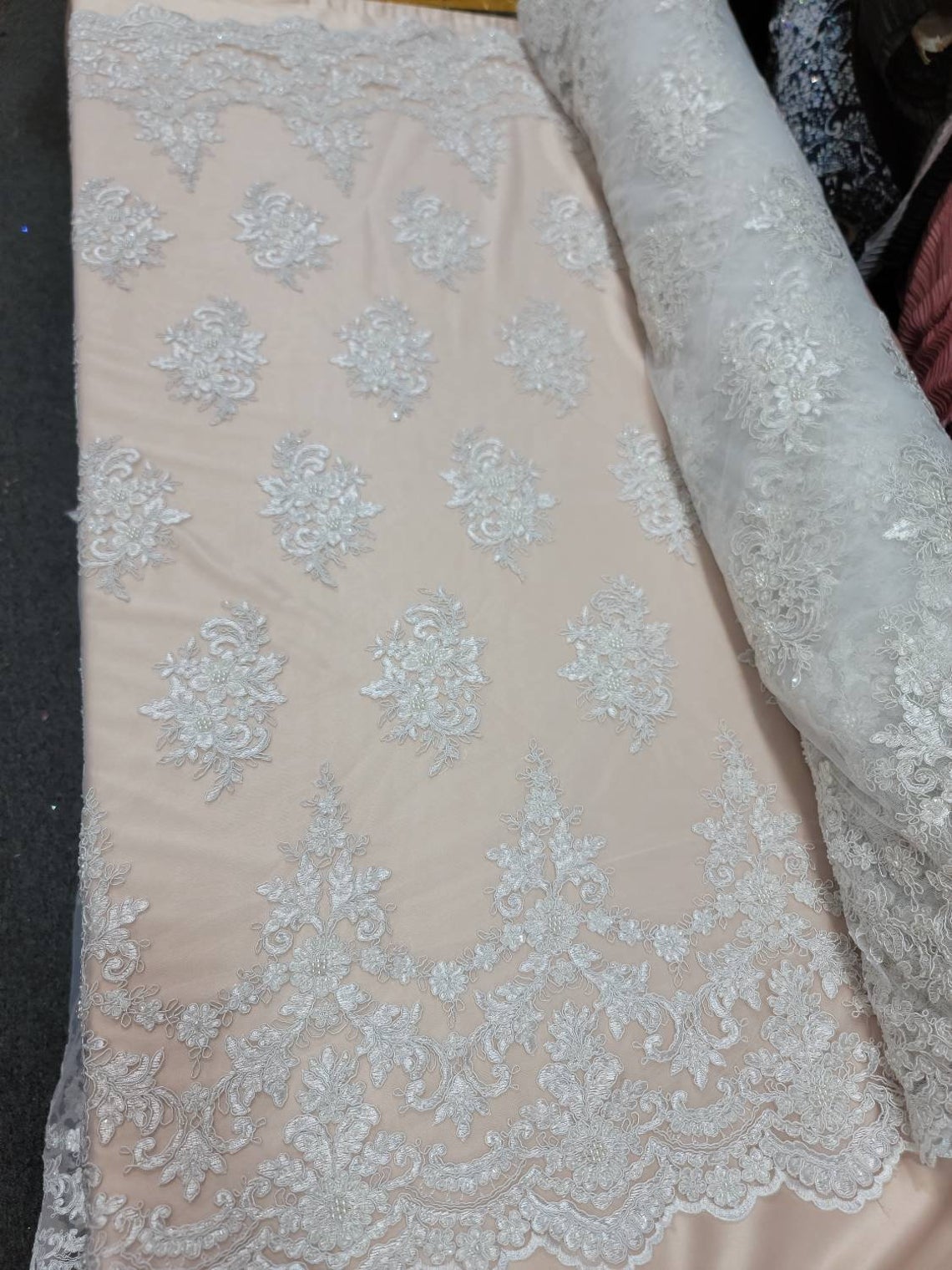 Fabric Sold By The Yard Off White Bridal Beaded Lace Embroidery Floral –  Diva Style Textiles